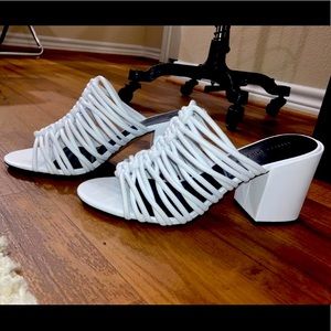 Rebecca Minkoff White strappy chunky heel.